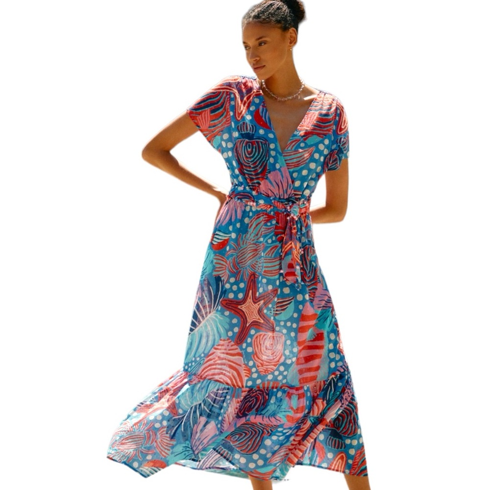 NWT FARM Rio V-Neck Printed Ocean Life Blue Wrap Dress size women’s medium